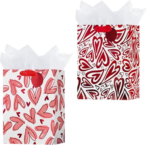OFIHANLY 2 Pack 12.6" Medium Size Happy Valentine's Day Gift Bags with Handles for Women Her Red Heart Paper Gift Wrap Bags with Tissue Paper for Kids in Saudi Arabia