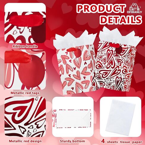 OFIHANLY 2 Pack 12.6" Medium Size Happy Valentine's Day Gift Bags with Handles for Women Her Red Heart Paper Gift Wrap Bags with Tissue Paper for Kids in Saudi Arabia
