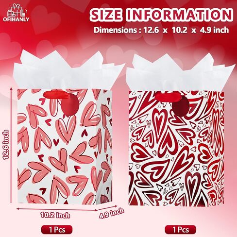 OFIHANLY 2 Pack 12.6" Medium Size Happy Valentine's Day Gift Bags with Handles for Women Her Red Heart Paper Gift Wrap Bags with Tissue Paper for Kids in Saudi Arabia