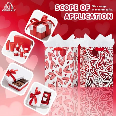 OFIHANLY 2 Pack 12.6" Medium Size Happy Valentine's Day Gift Bags with Handles for Women Her Red Heart Paper Gift Wrap Bags with Tissue Paper for Kids in Saudi Arabia
