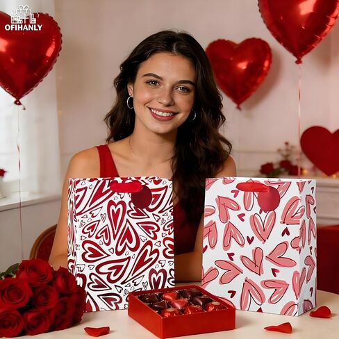 OFIHANLY 2 Pack 12.6" Medium Size Happy Valentine's Day Gift Bags with Handles for Women Her Red Heart Paper Gift Wrap Bags with Tissue Paper for Kids in Saudi Arabia