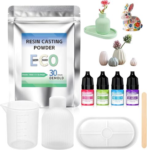 مسحوق صب الراتنج، مسحوق راتنج 17.6 أونصة، معالج سريعًا بمسحوق الجص المنشط بالماء، 4 قطع من صبغة الراتنج، مزهرية وقوالب سيليكون أساسية، كوب قياس سيليكون، قضيب التحريك in Kuwait