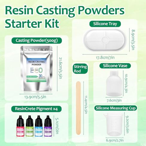 مسحوق صب الراتنج، مسحوق راتنج 17.6 أونصة، معالج سريعًا بمسحوق الجص المنشط بالماء، 4 قطع من صبغة الراتنج، مزهرية وقوالب سيليكون أساسية، كوب قياس سيليكون، قضيب التحريك in Kuwait