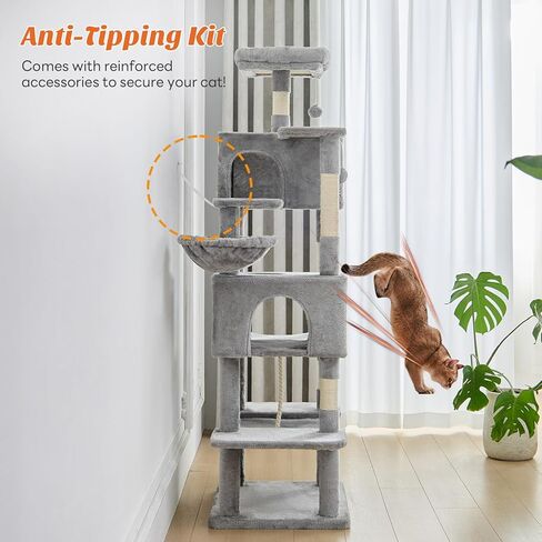 برج شجرة القطط مقاس 66 بوصة، أشجار متعددة المستويات مع أعمدة خدش، بيت للحيوانات الأليفة مع منصة مستديرة، كرات ألعاب، مجثم علوي، سلة أرجوحة، شقة داخلية للقطط من جميع الأعمار، رمادي فاتح in Kuwait