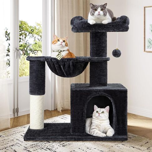 Allewie 29.5in Indoor Cat Tree, Multi-Level Cat Tower with Sisal Scratching Posts, Padded Perch, Basket, Condo, and Hanging Ball, Suitable for Kittens and Adult Felines,Dark Grey in Saudi Arabia
