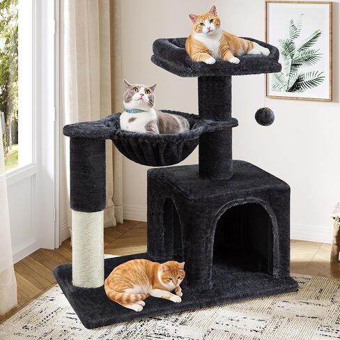 Allewie 29.5in Indoor Cat Tree, Multi-Level Cat Tower with Sisal Scratching Posts, Padded Perch, Basket, Condo, and Hanging Ball, Suitable for Kittens and Adult Felines,Dark Grey in Saudi Arabia