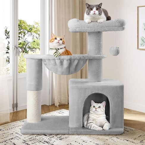 Allewie 29.5in Indoor Cat Tree, Multi-Level Cat Tower with Sisal Scratching Posts, Padded Perch, Basket, Condo, and Hanging Ball, Suitable for Kittens and Adult Felines,Dark Grey in Saudi Arabia