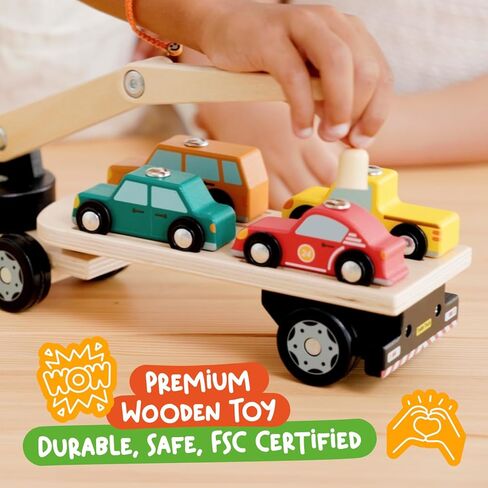 نيني تويز محمل السيارة المغناطيسي مع 4 سيارات وشاحنة خشبية نصف مقطورة للأطفال بعمر عامين فما فوق - لعبة رافعة خشبية تفاعلية - ألعاب مركبات للأولاد والبنات - لعبة تعليمية للأطفال الصغار من عمر عامين فما فوق in Kuwait