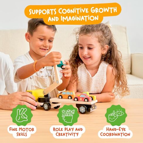 نيني تويز محمل السيارة المغناطيسي مع 4 سيارات وشاحنة خشبية نصف مقطورة للأطفال بعمر عامين فما فوق - لعبة رافعة خشبية تفاعلية - ألعاب مركبات للأولاد والبنات - لعبة تعليمية للأطفال الصغار من عمر عامين فما فوق in Kuwait