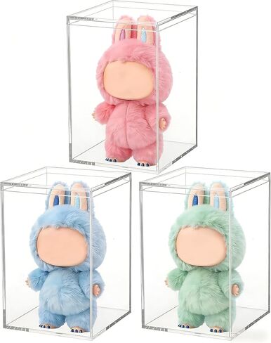 3 Pack Clear Plastic Stackable Display Case with Lid Display Case Compatible with Labubu POP MART Acrylic Clear Display Box Shelf Figure Display Case for Plush Collectibles Figurines in Saudi Arabia