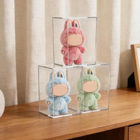 3 Pack Clear Plastic Stackable Display Case with Lid Display Case Compatible with Labubu POP MART Acrylic Clear Display Box Shelf Figure Display Case for Plush Collectibles Figurines in Saudi Arabia