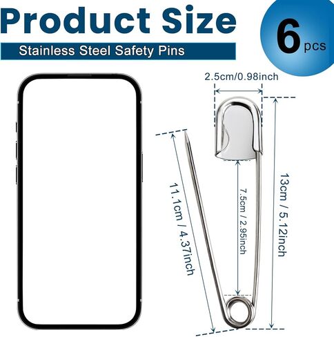 6 قطع 5 بوصة دبابيس أمان كبيرة من الفولاذ المقاوم للصدأ دبابيس أمان قوية شديدة التحمل للأزياء والخياطة واللحف والبطانيات والغسيل الثقيل والحرف اليدوية والديكورات (فضي) in Kuwait