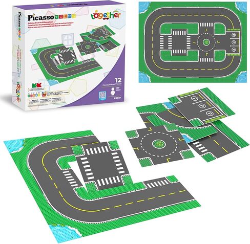 PicassoTiles 12PC Building Brick 10"x10" Large Road Baseplates City Street Traffic Parking Themed Roadway Foundation Plates Block STEM Construction Set Compatible with All Major Brands Ages 3+ PBS04 in Saudi Arabia