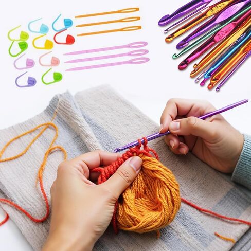 28 Pcs Crochet Hooks Set in Different Sizes and Colors with Stitch Markers, Crochet Accessories, Knitting Accessories Tools Supplies in Saudi Arabia