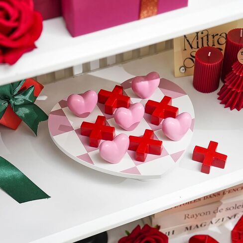 Valentine's Day Tic Tac Toe Set, Wood Heart Shaped Board Game with X and O Pieces, Romantic Pink and White Game for Couples, for Valentine's Anniversary in Saudi Arabia