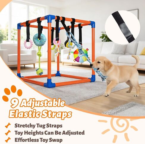 Puppy Play Gym with 9 Hanging Toys for Small Dogs, PVC Frame with Bungee Straps, Interactive Indoor Jungle Playground for Entertainment, Teething and Mental Stimulation in Kuwait