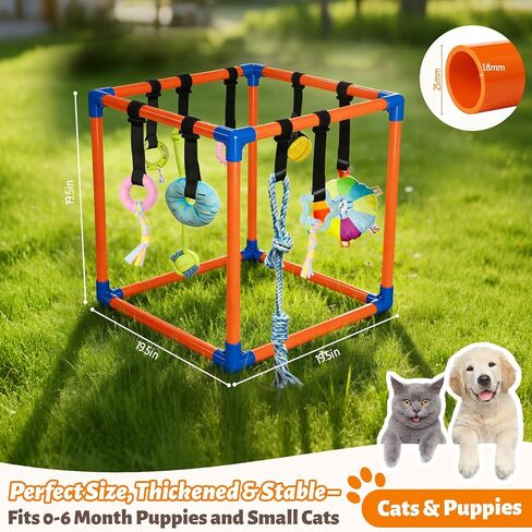 Puppy Play Gym with 9 Hanging Toys for Small Dogs, PVC Frame with Bungee Straps, Interactive Indoor Jungle Playground for Entertainment, Teething and Mental Stimulation in Kuwait