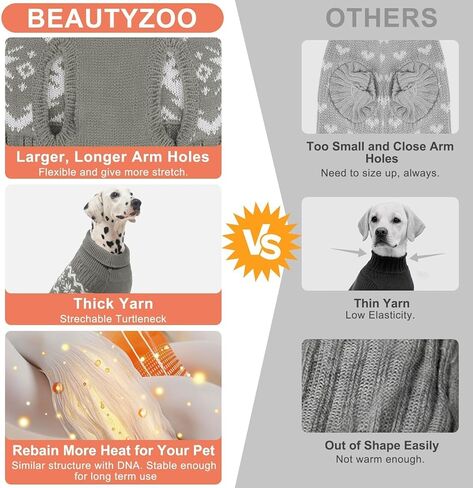BEAUTYZOO الكلبة عيد الميلاد سترة للكلاب الكبيرة صبي فتاة، سميكة دافئة الشتاء الياقة المدورة البلوز كابل متماسكة البلوزات الكبيرة الكلب بيتبول لابرادور الذهبي المسترد الملابس الذكور الإناث سترة الحيوانات الأليفة، GreyXL in Kuwait