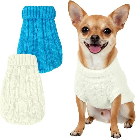 2Pcs Dog Sweater XS Dog Clothes for Small Dogs, Warm Turtleneck Knitted Chihuahua Clothe Sleeveless Kitten Clothes Puppy Sweater for Small Dogs Girl Yorkie Outfit Custume(Blue, White) in Saudi Arabia