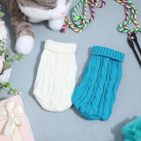 2Pcs Dog Sweater XS Dog Clothes for Small Dogs, Warm Turtleneck Knitted Chihuahua Clothe Sleeveless Kitten Clothes Puppy Sweater for Small Dogs Girl Yorkie Outfit Custume(Blue, White) in Saudi Arabia
