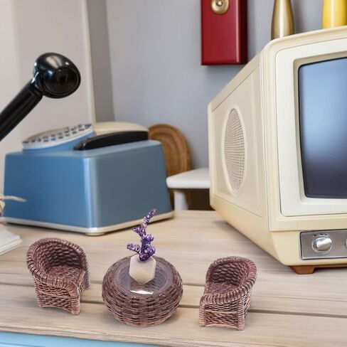 DOITOOL Miniature Table and Chairs Set: 1:12 Scale Miniature Dollhouse Accessories Mini Rattan Table and Chairs Dollhouse Furniture for Fairy Garden Micro Landscape Decoration in Saudi Arabia