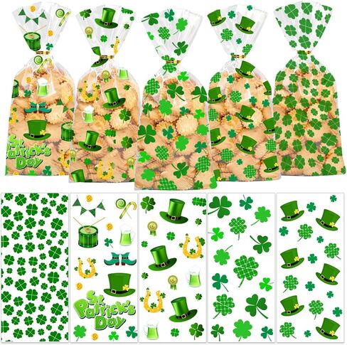 أكياس حلوى السيلوفان لعيد القديس باتريك من BIWONUI - 100 قطعة من حقائب هدايا الحفلات الخضراء لعيد القديس باتريك مع حقيبة بلاستيكية برباط ملتوي لحلوى الفشار والكوكيز والوجبات الخفيفة ومستلزمات حفلات العطلات in Kuwait