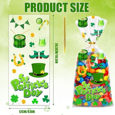 أكياس حلوى السيلوفان لعيد القديس باتريك من BIWONUI - 100 قطعة من حقائب هدايا الحفلات الخضراء لعيد القديس باتريك مع حقيبة بلاستيكية برباط ملتوي لحلوى الفشار والكوكيز والوجبات الخفيفة ومستلزمات حفلات العطلات in Kuwait