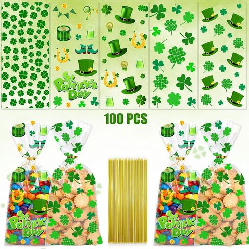 أكياس حلوى السيلوفان لعيد القديس باتريك من BIWONUI - 100 قطعة من حقائب هدايا الحفلات الخضراء لعيد القديس باتريك مع حقيبة بلاستيكية برباط ملتوي لحلوى الفشار والكوكيز والوجبات الخفيفة ومستلزمات حفلات العطلات in Kuwait
