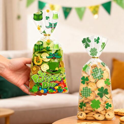 أكياس حلوى السيلوفان لعيد القديس باتريك من BIWONUI - 100 قطعة من حقائب هدايا الحفلات الخضراء لعيد القديس باتريك مع حقيبة بلاستيكية برباط ملتوي لحلوى الفشار والكوكيز والوجبات الخفيفة ومستلزمات حفلات العطلات in Kuwait