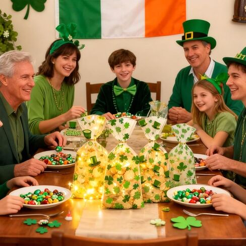 أكياس حلوى السيلوفان لعيد القديس باتريك من BIWONUI - 100 قطعة من حقائب هدايا الحفلات الخضراء لعيد القديس باتريك مع حقيبة بلاستيكية برباط ملتوي لحلوى الفشار والكوكيز والوجبات الخفيفة ومستلزمات حفلات العطلات in Kuwait