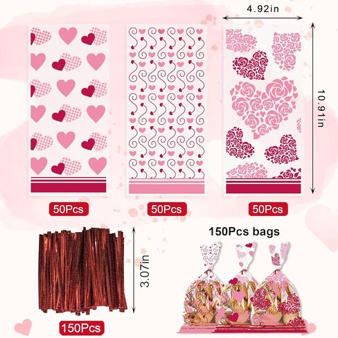 Threetols 150 PCS Valentine's Day Cellophane Treat Bags, Red Heart Cellophane Treat Favor Bags Valentine Clear Cookie Candy Bags Pink Rose Bag with Twist Ties for Wedding Party Supplies, 3 Style in Saudi Arabia