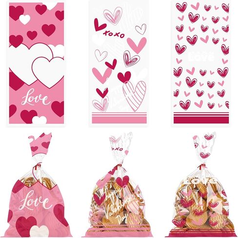 Threetols 150 PCS Valentine's Day Cellophane Treat Bags, Red Heart Cellophane Treat Favor Bags Valentine Clear Cookie Candy Bags Pink Rose Bag with Twist Ties for Wedding Party Supplies, 3 Style in Saudi Arabia