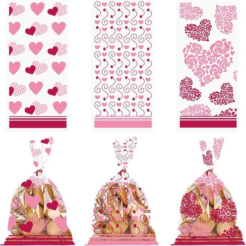 Threetols 150 PCS Valentine's Day Cellophane Treat Bags, Red Heart Cellophane Treat Favor Bags Valentine Clear Cookie Candy Bags Pink Rose Bag with Twist Ties for Wedding Party Supplies, 3 Style in Saudi Arabia