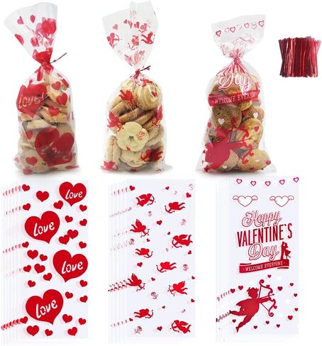 Threetols 150 PCS Valentine's Day Cellophane Treat Bags, Red Heart Cellophane Treat Favor Bags Valentine Clear Cookie Candy Bags Pink Rose Bag with Twist Ties for Wedding Party Supplies, 3 Style in Saudi Arabia