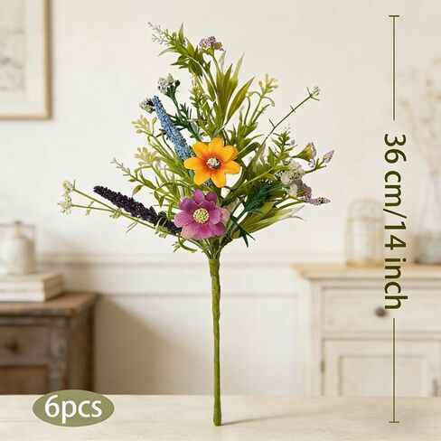 6 Pcs 14" Spring Colorful Artificial Wildflowers for Decoration - Silk Wildflower Arrangements for Vase, Faux Flower Stems for Home Decor, Spring Bouquet for Wedding in Saudi Arabia