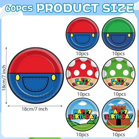 60Pcs Super Theme Brother Birthday Party Supplies Set Brothers Theme Plates Super Video Games Tableware 7" Disposable Paper Plates Favors for Kids Boys Girls Baby Shower Gamer Party Decoration in Saudi Arabia
