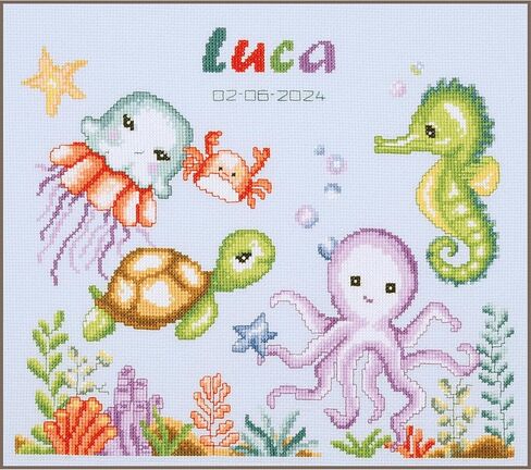 Vervaco Counted Cross Stitch Kit DIY Gift Baby Birth Personalised Sea Animals Complete Embroidery Kit DIY Home Decoration Approx. 32 x 28 cm Cross Stitch in Saudi Arabia