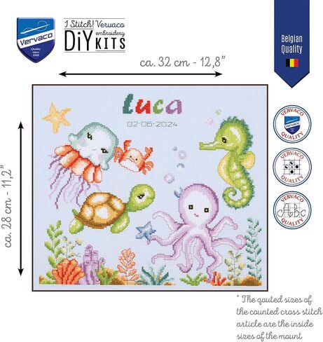 Vervaco Counted Cross Stitch Kit DIY Gift Baby Birth Personalised Sea Animals Complete Embroidery Kit DIY Home Decoration Approx. 32 x 28 cm Cross Stitch in Saudi Arabia