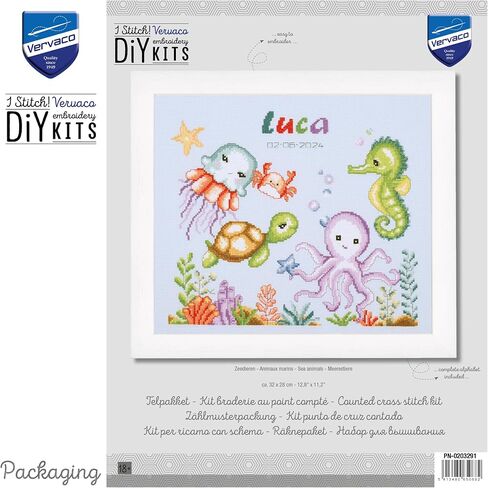 Vervaco Counted Cross Stitch Kit DIY Gift Baby Birth Personalised Sea Animals Complete Embroidery Kit DIY Home Decoration Approx. 32 x 28 cm Cross Stitch in Saudi Arabia