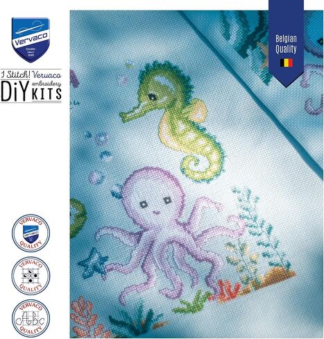 Vervaco Counted Cross Stitch Kit DIY Gift Baby Birth Personalised Sea Animals Complete Embroidery Kit DIY Home Decoration Approx. 32 x 28 cm Cross Stitch in Saudi Arabia