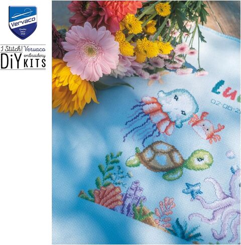 Vervaco Counted Cross Stitch Kit DIY Gift Baby Birth Personalised Sea Animals Complete Embroidery Kit DIY Home Decoration Approx. 32 x 28 cm Cross Stitch in Saudi Arabia