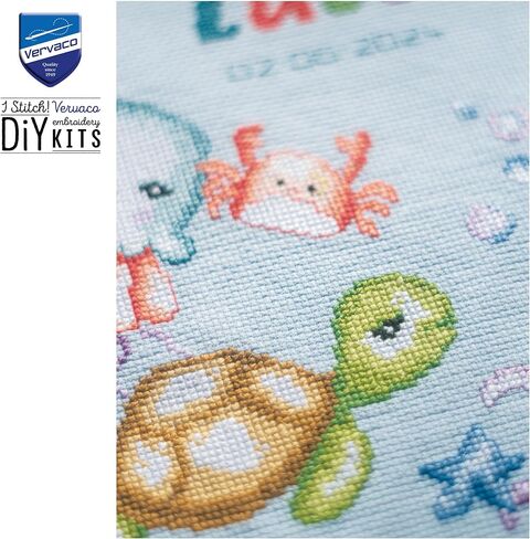 Vervaco Counted Cross Stitch Kit DIY Gift Baby Birth Personalised Sea Animals Complete Embroidery Kit DIY Home Decoration Approx. 32 x 28 cm Cross Stitch in Saudi Arabia