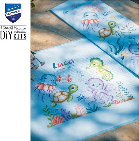 Vervaco Counted Cross Stitch Kit DIY Gift Baby Birth Personalised Sea Animals Complete Embroidery Kit DIY Home Decoration Approx. 32 x 28 cm Cross Stitch in Saudi Arabia