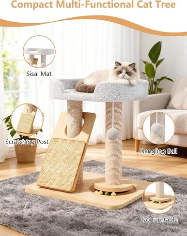 شجرة قطط سيمكات للقطط الداخلية البالغة الكبيرة، برج برج القطط مع لوح/عمود خدش، بيت قطط مع قرص دوار من الخشب الصلب وكرة النعناع البري للعب in Kuwait