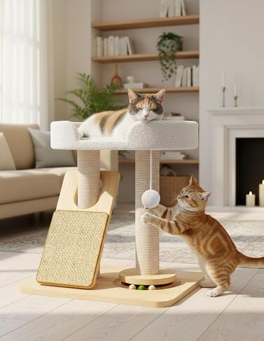 شجرة قطط سيمكات للقطط الداخلية البالغة الكبيرة، برج برج القطط مع لوح/عمود خدش، بيت قطط مع قرص دوار من الخشب الصلب وكرة النعناع البري للعب in Kuwait