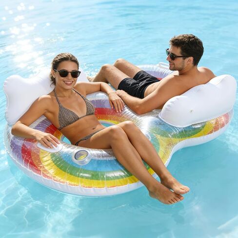 2 Person Swim Ring Pool Float, Double Lounger for Relaxing, Rainbow Inflatable Float for Adults, Pool, Lake, Party in Saudi Arabia