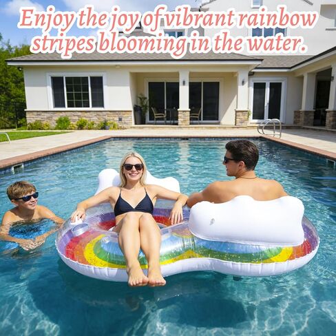 2 Person Swim Ring Pool Float, Double Lounger for Relaxing, Rainbow Inflatable Float for Adults, Pool, Lake, Party in Saudi Arabia