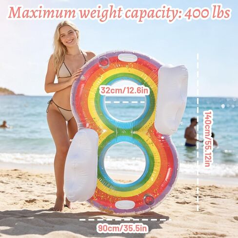 2 Person Swim Ring Pool Float, Double Lounger for Relaxing, Rainbow Inflatable Float for Adults, Pool, Lake, Party in Saudi Arabia