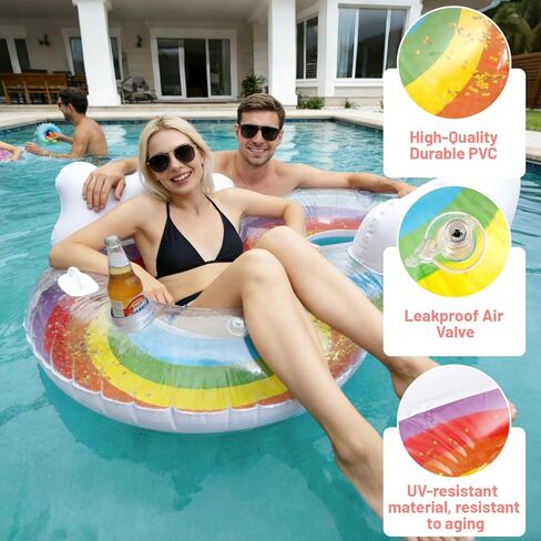 2 Person Swim Ring Pool Float, Double Lounger for Relaxing, Rainbow Inflatable Float for Adults, Pool, Lake, Party in Saudi Arabia