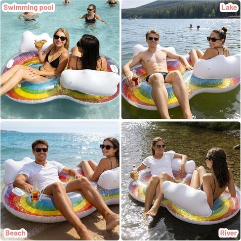 2 Person Swim Ring Pool Float, Double Lounger for Relaxing, Rainbow Inflatable Float for Adults, Pool, Lake, Party in Saudi Arabia